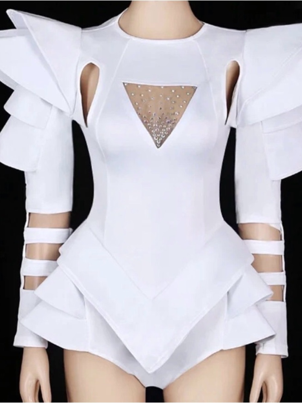 White Structured Ruffle Bodysuit with Rhinestone Mesh Accent Medium/ Large